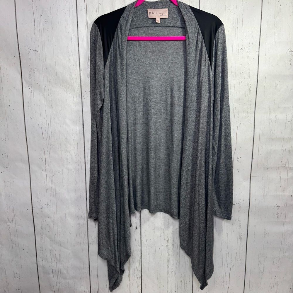 Philosophy Gray Open Front Cardigan with Black Shoulder Detail Asymmetrical Soft
